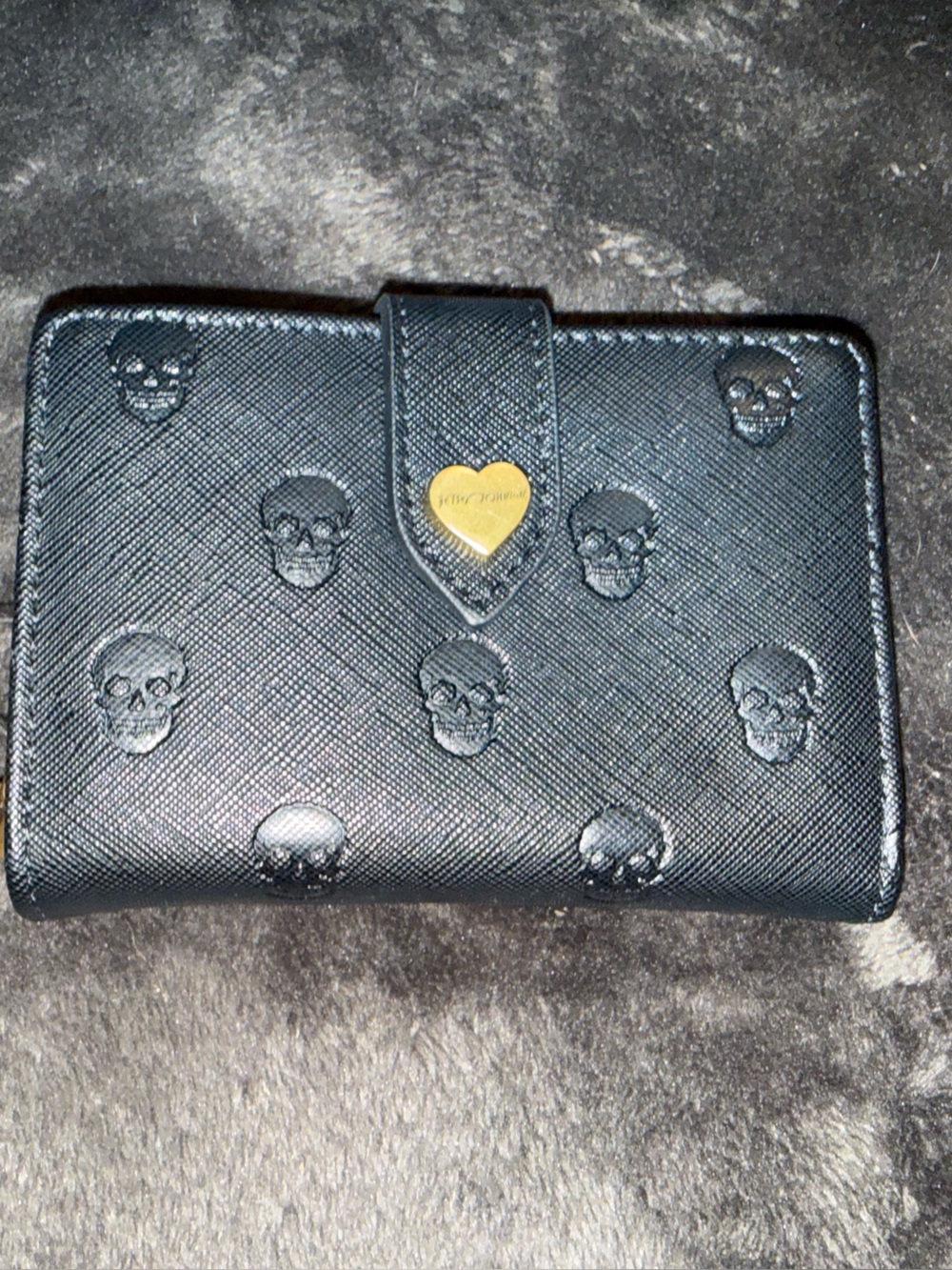 Betsey Johnson Black Skull Embossed Wallet with Heart Snap